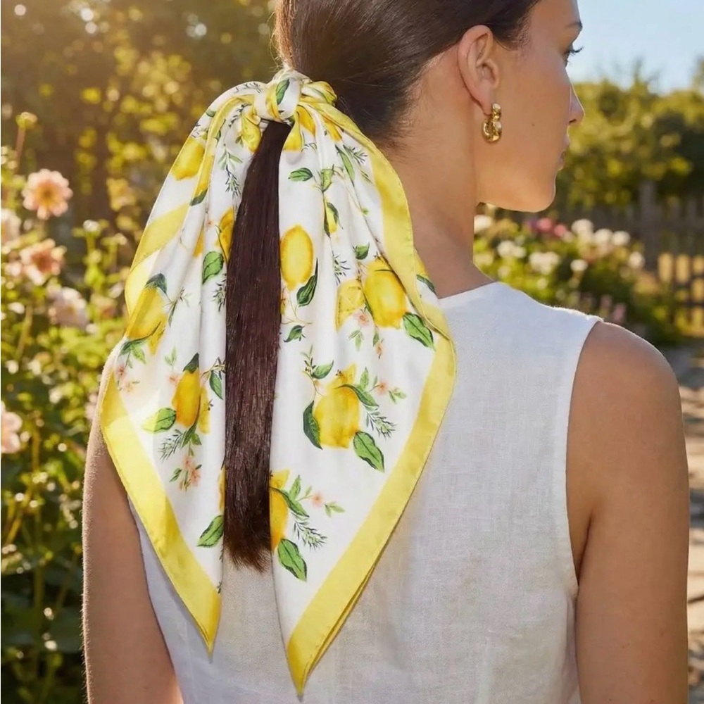 Yellow Lemon & Flowers Print Square Scarf
